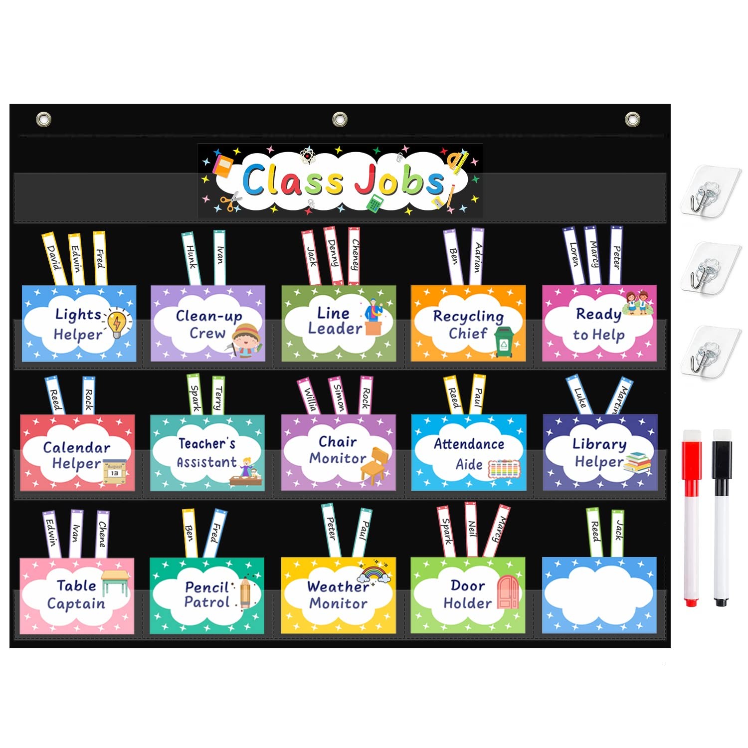 Class Jobs Pocket Chart with 70 Colorful Dry Erase Cards and 3 Hooks,Class Ma...