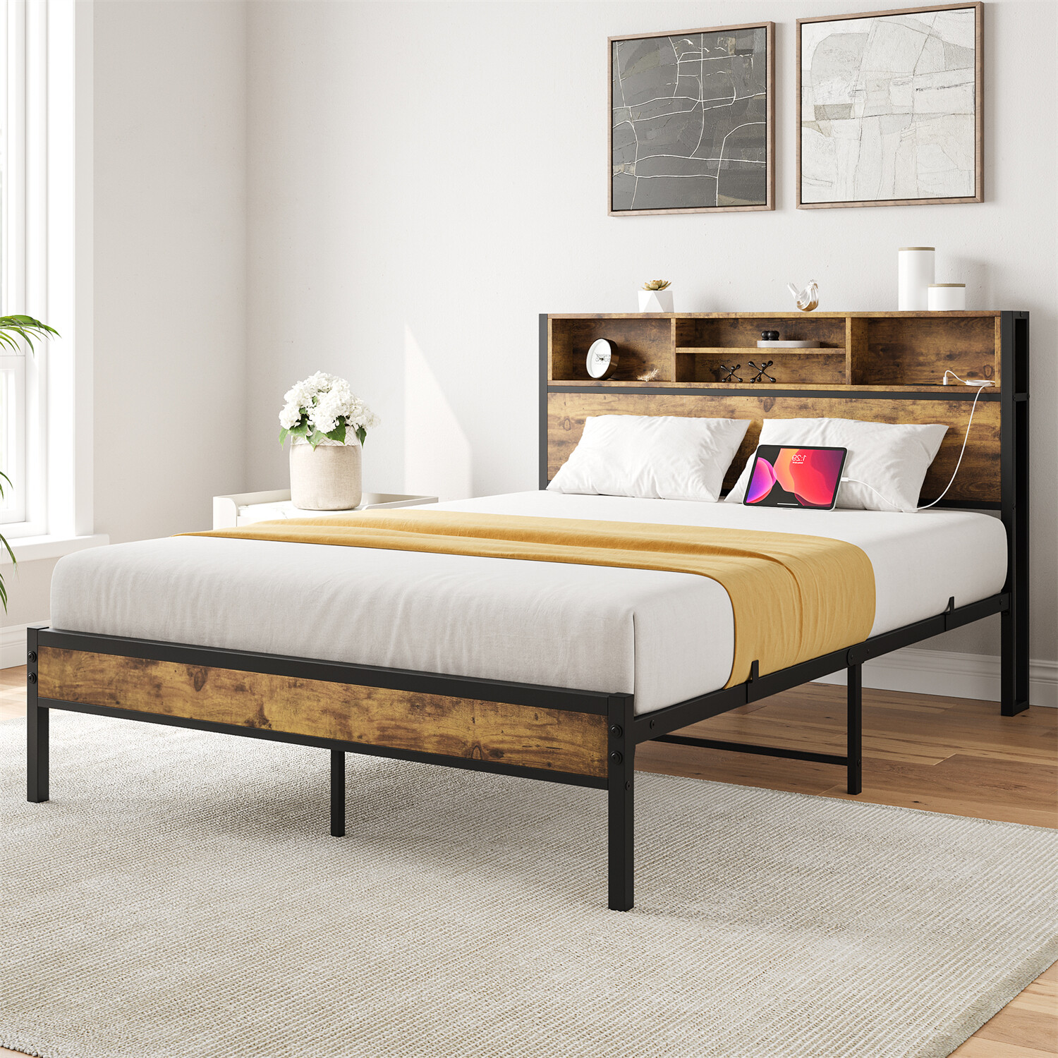 Full/Queen Size Bed Frame Metal Platform Bed w/ Storage Headboard & USB Ports