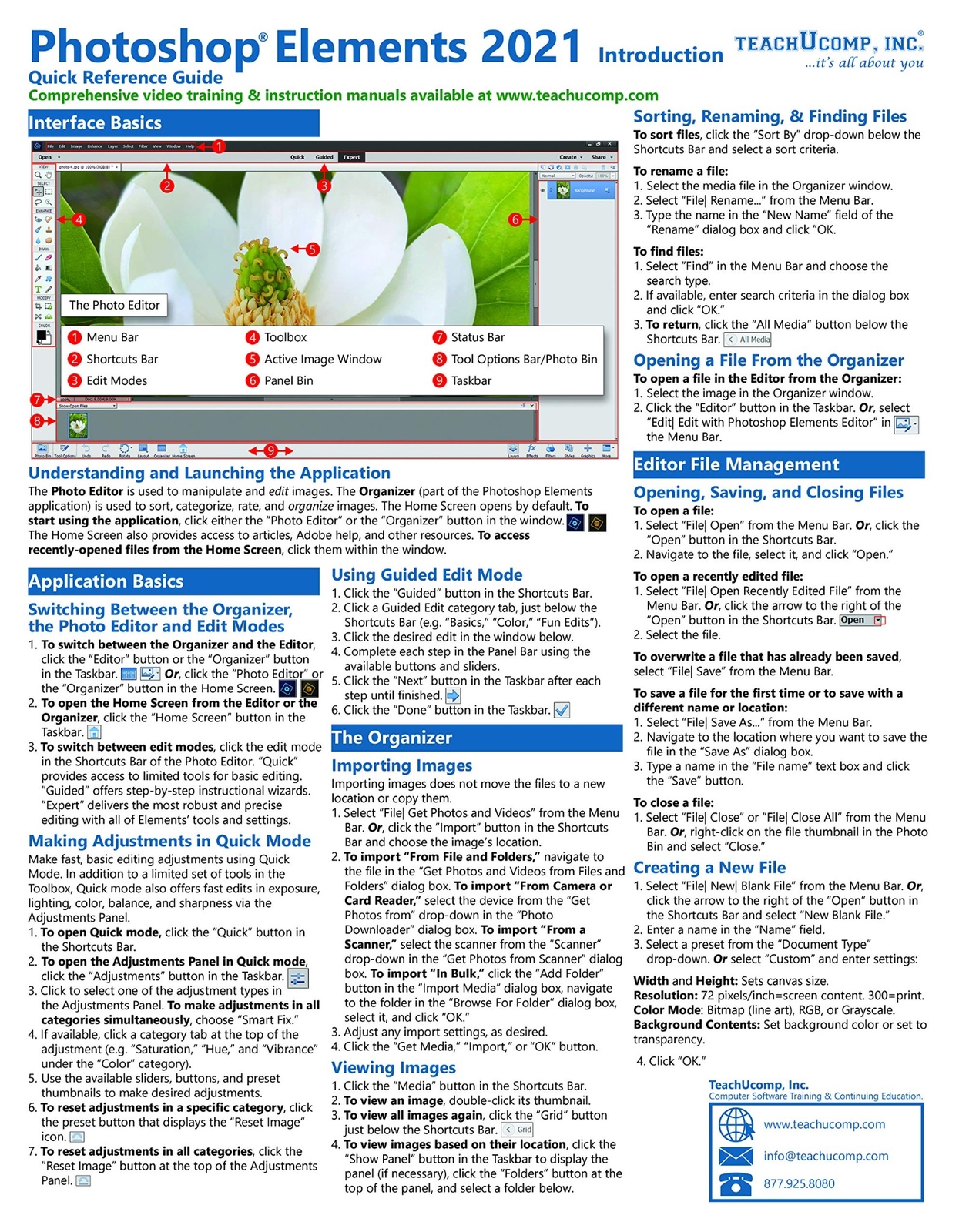Photoshop Elements 2021 Training Guide Quick Reference Card 2 Page Cheat Sheet