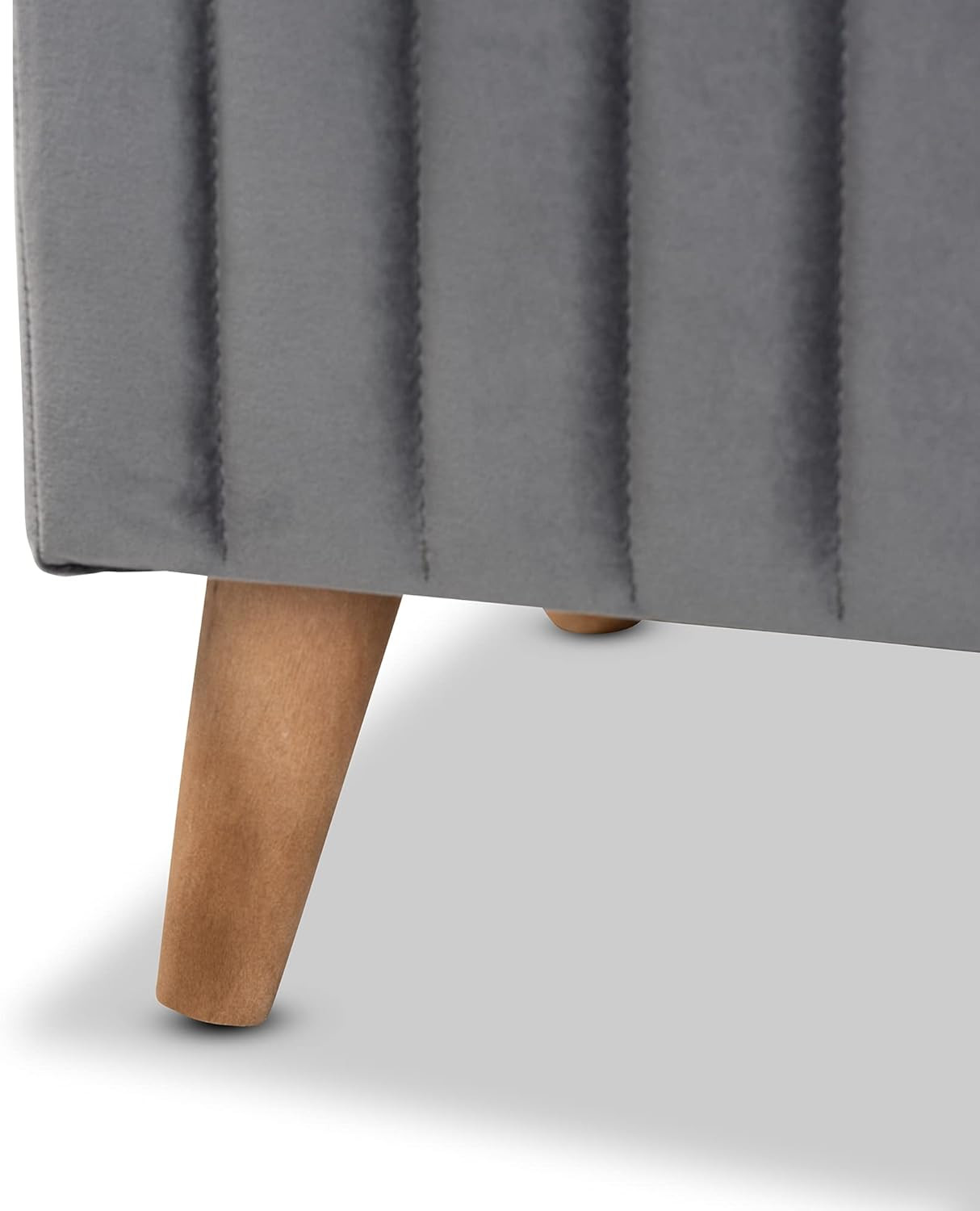 Grey Velvet Storage Ottoman with Walnut Wood Finish - Modern Design
