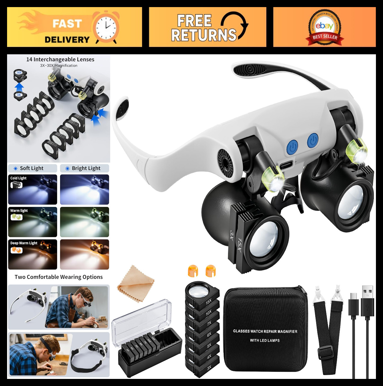 Hands-Free LED Magnifying Glasses with 14 Lenses 3X-15X for Crafts, Jewelry, Sew