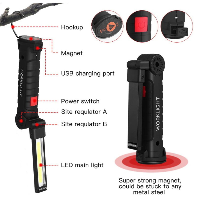 2x USB Rechargeable COB LED Work Light Magnetic Flashlight Hand Lamp Inspection