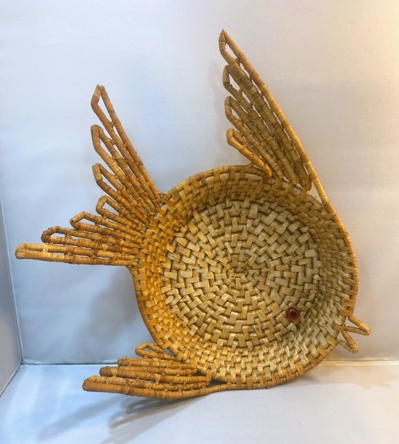 Wicker Fish Basket Raffia Wall Hanging Glass Eye Grandma Boho Heritage 10”