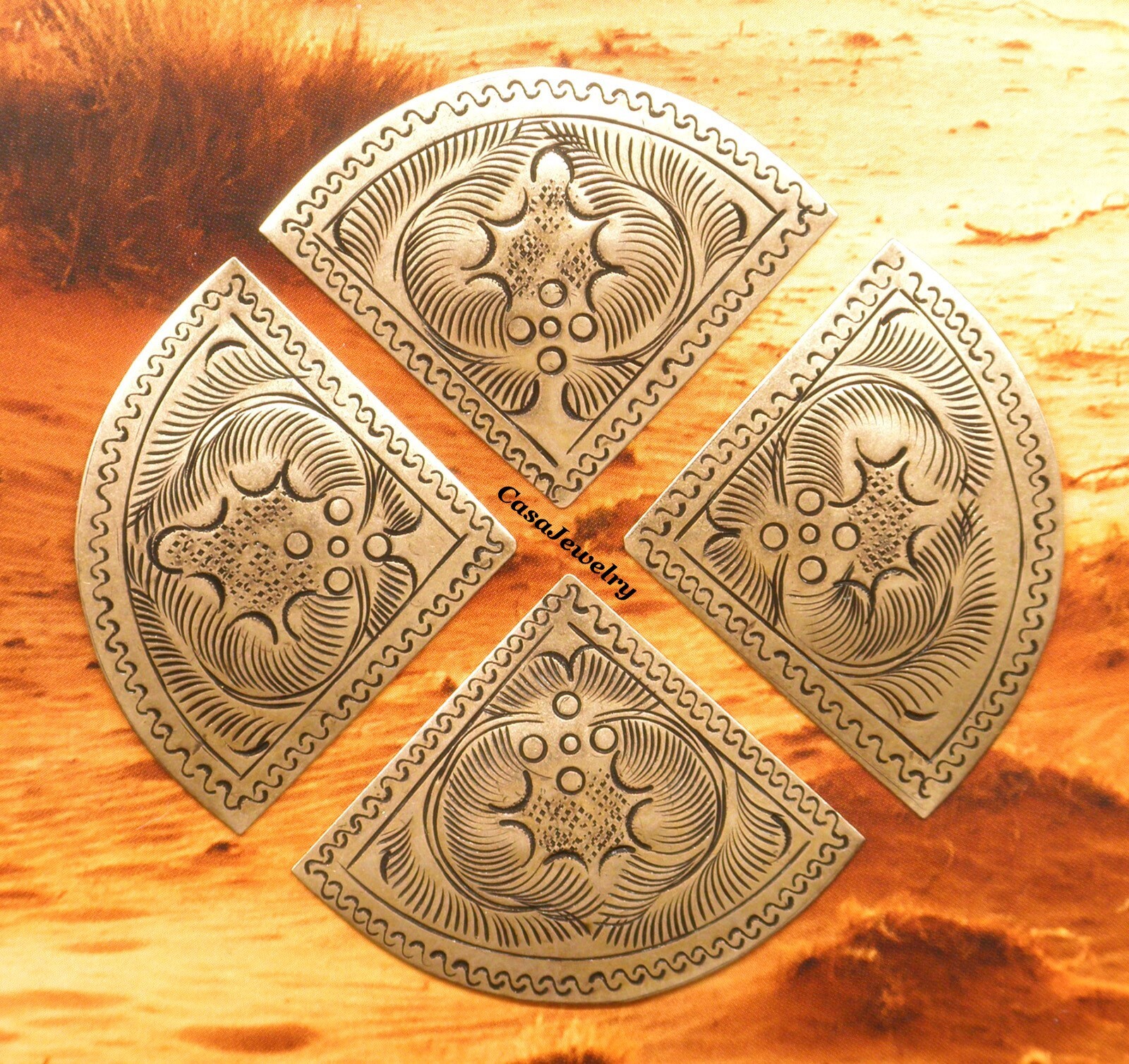 #3222 ANTIQUED GOLD PIE SHAPED HILL TRIBE COMPONENT - 4 Pcs
