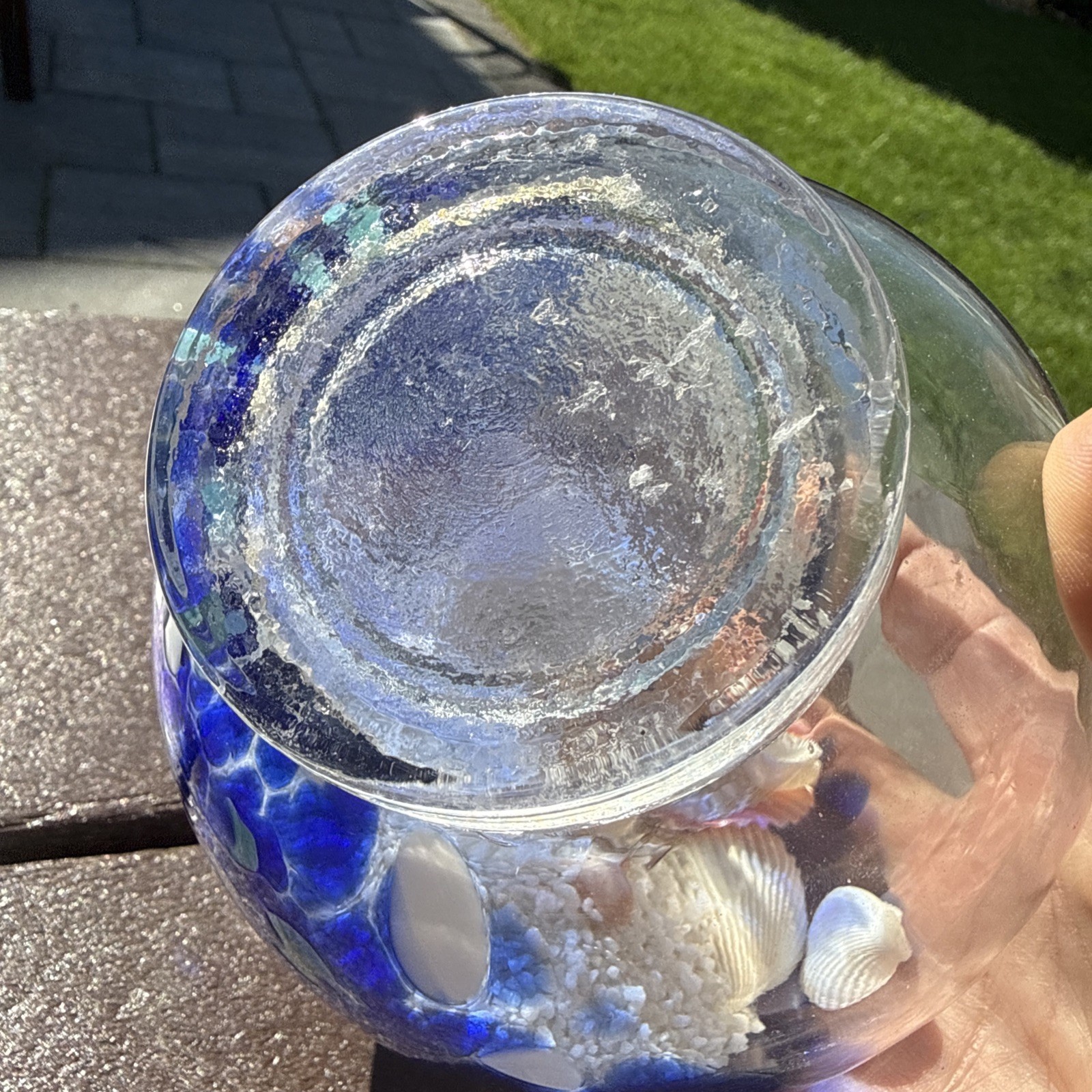Large Hand Blown Ocean Waves Orb Globe Ball With Sand & Seashells 5.5”