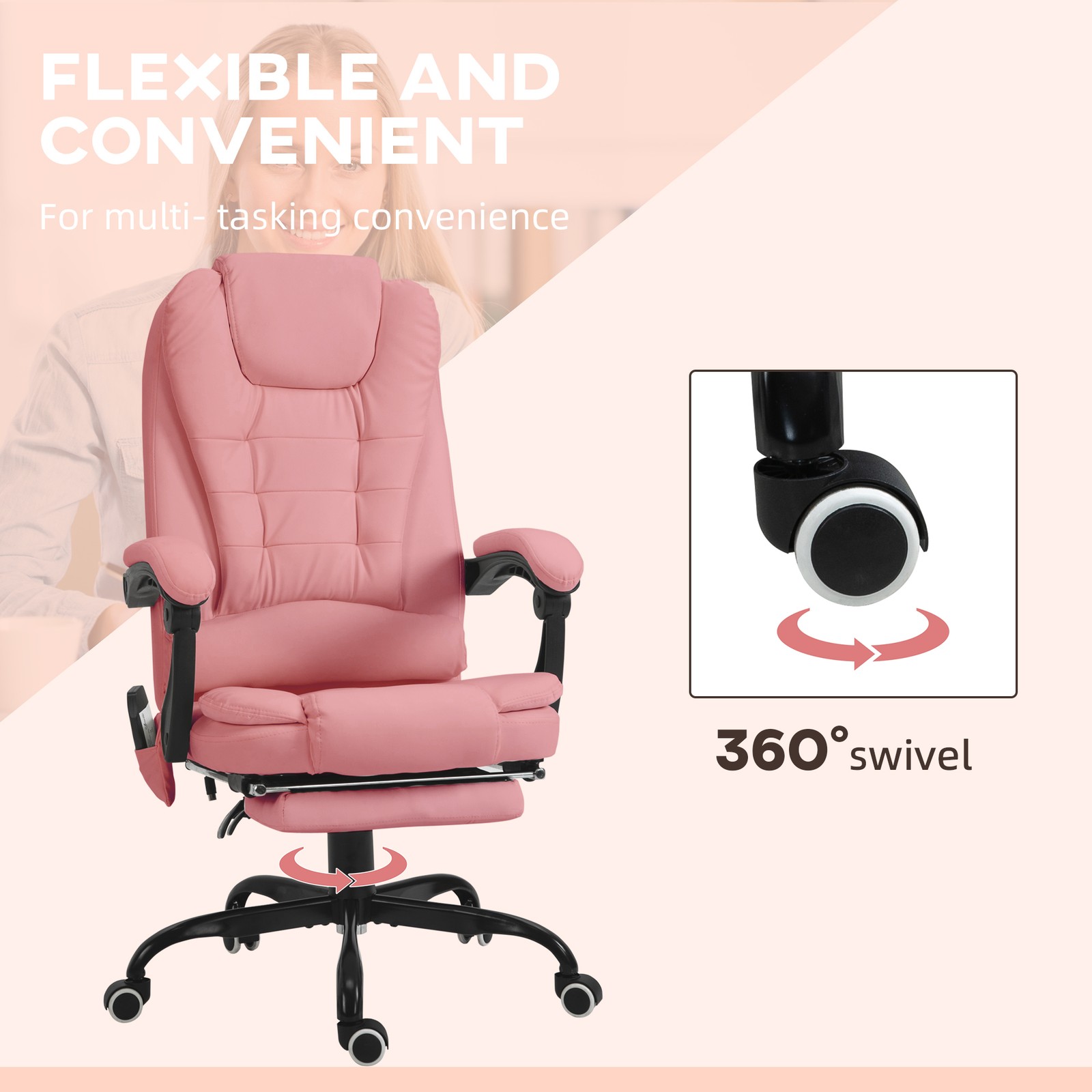 PU Leather Massage Computer Chair w/ Padded Seat and Adjustable Height, Pink
