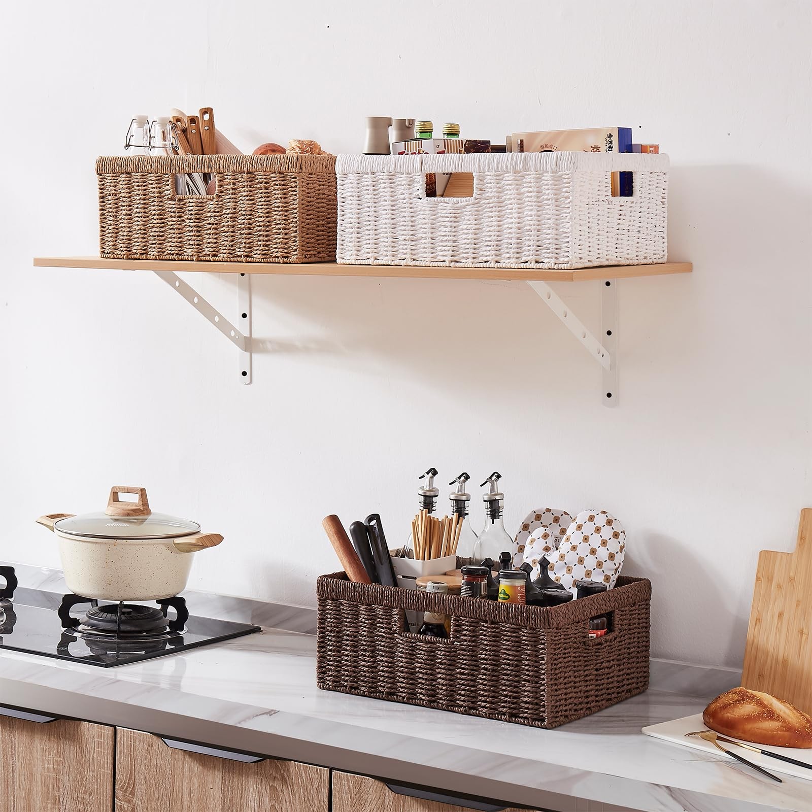1 PCS White Rectangular Wicker Paper Shelf Basket Storage Bin BuiltIn Handle