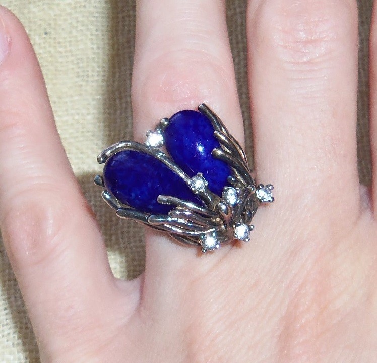 Handmade Artisan Sterling Silver Dark Cobalt Blue Color Glass CZ RING SIZE 6.5