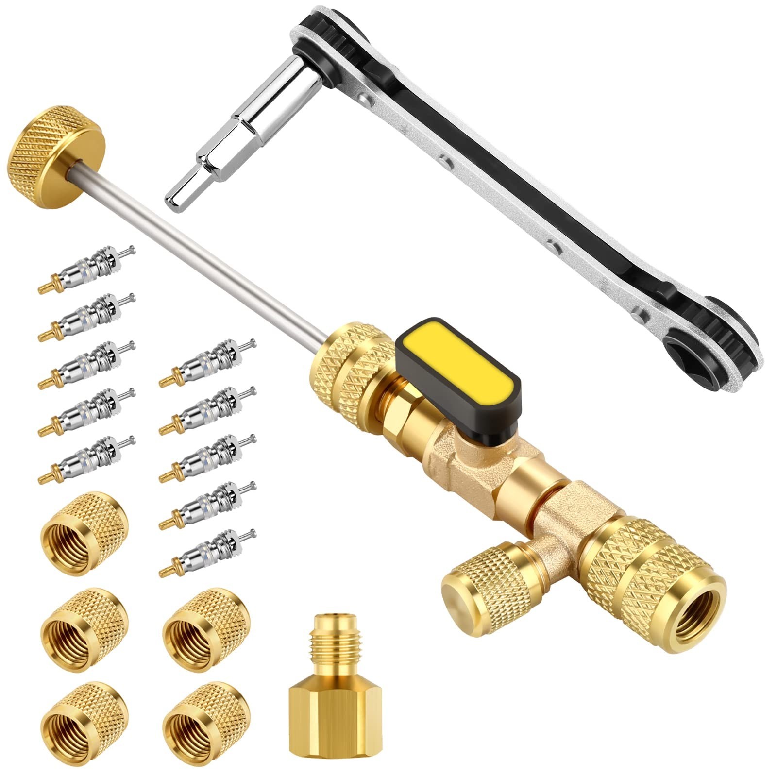 Valve Core Remover Tool and HVAC Service Wrench Set with Hex Bit Adapter
