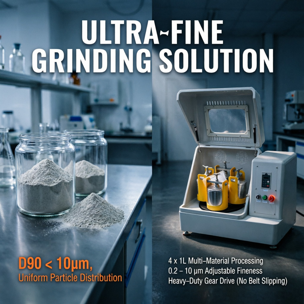 Planetary Ball Mill 4×1L SS Jars, Gear Drive, 0-580rpm, Programmable, 2-10µm