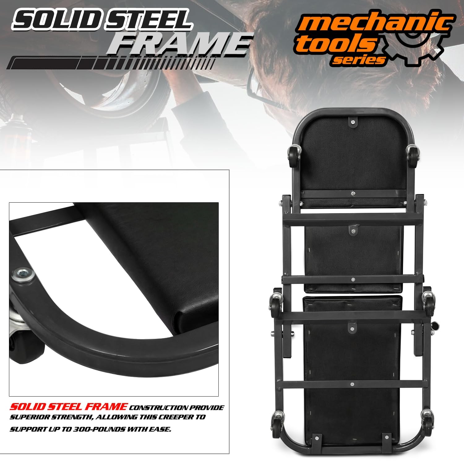 Foldable 2in1 Rolling Car Creeper & Seat, 36" Adjustable, 330LBS Capacity