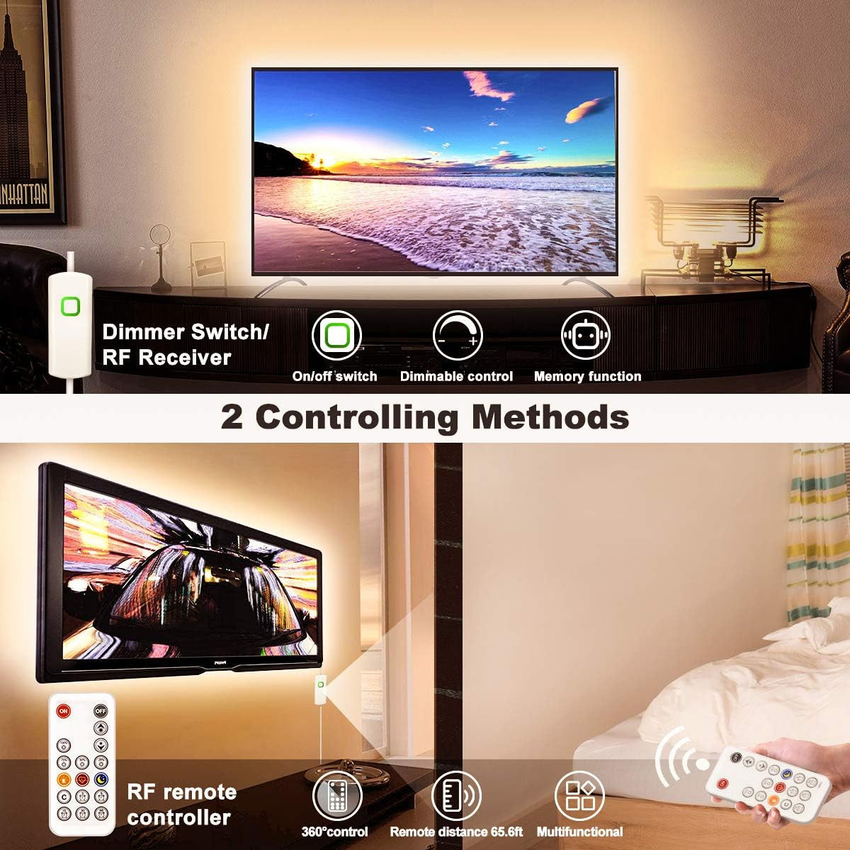 Dimmable 50.5Ft Warm White LED Strip Lights with RF Remote & Timer