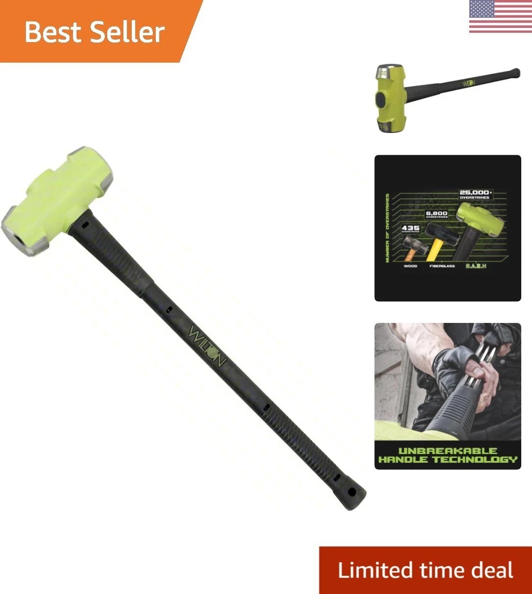 B.A.S.H Heavy-Duty 20 Lb Sledge Hammer - Green Steel Head / Anti-Vibe Design