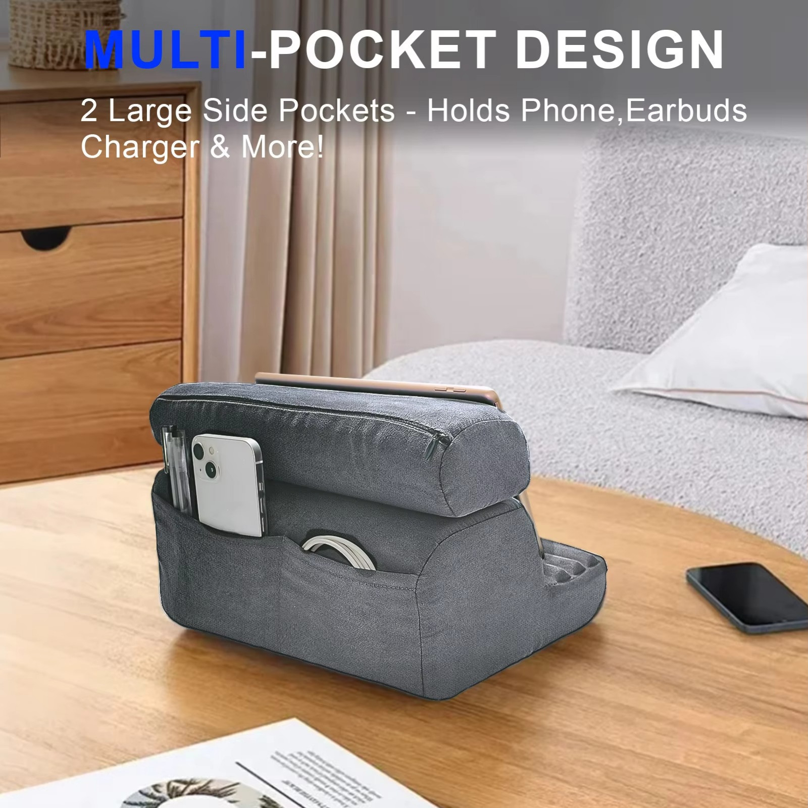 1 pc Tablet Pillow Holder Foldable iPad Stand for Lap Bed Desk with Pocket