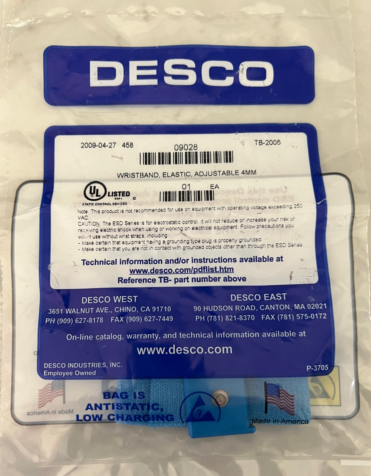 Desco 09028 Adjustable Wrist Band Static Strap 4mm NEW SAME DAY SHIPPING!