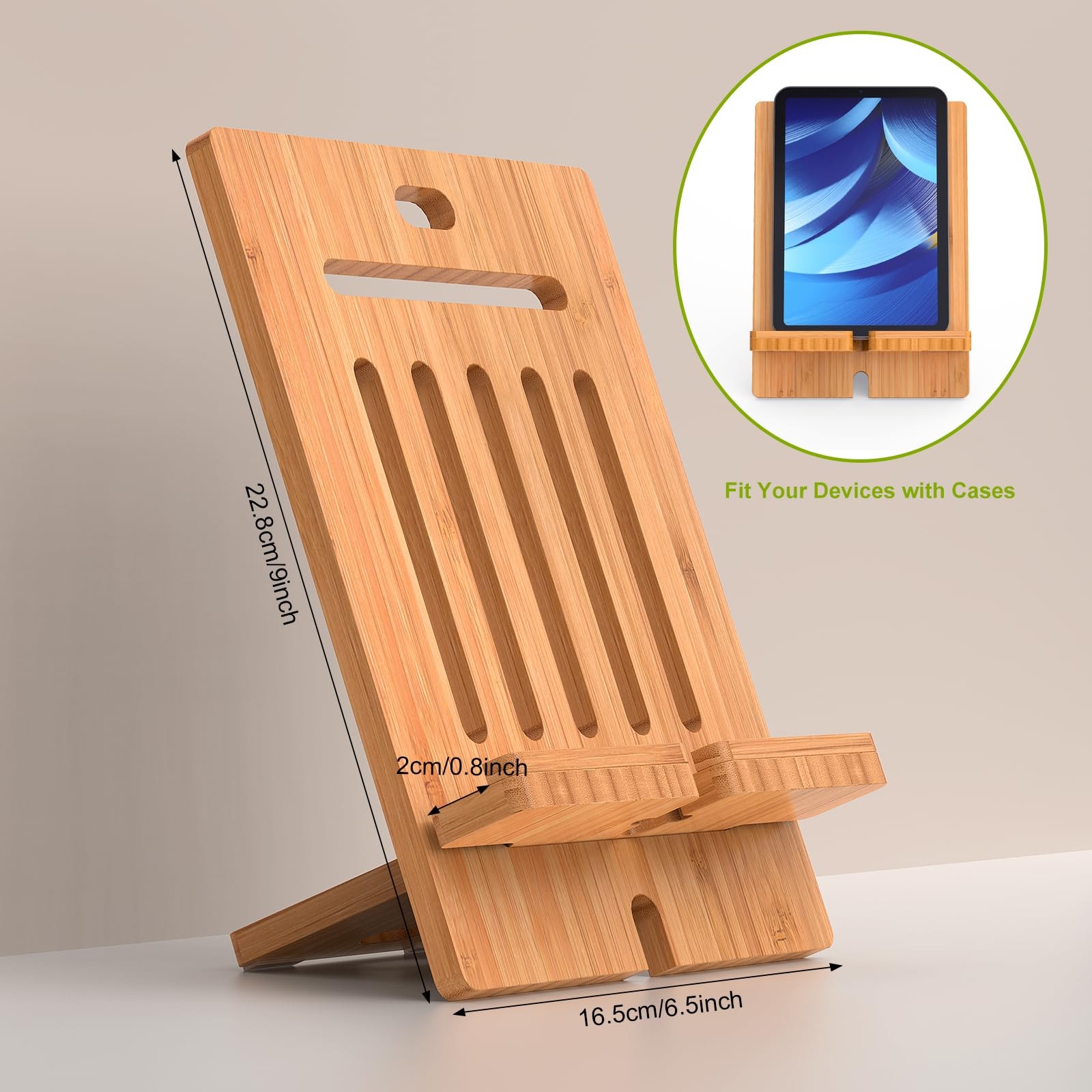 Bamboo Tablet Stand Adjustable, Desktop Cell Phone Stand Holder Dock Compatib...