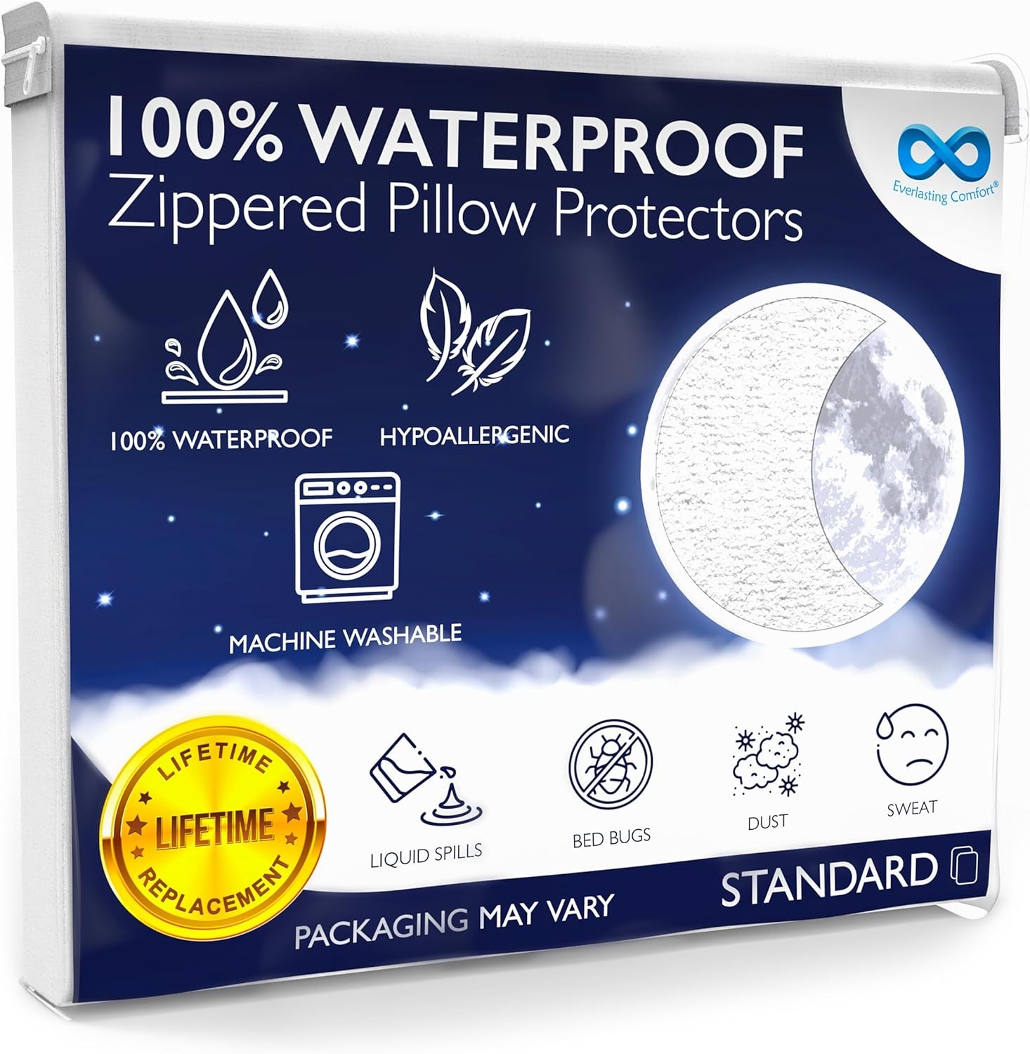 Waterproof Pillow Protector Standard (Pack of 2) - Zippered, Hypoallergenic