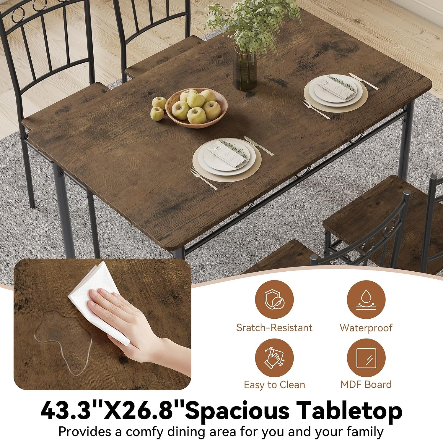 Dining Table Set for 4 5-Piece Kitchen Table and Chairs Rectangular Dining Room