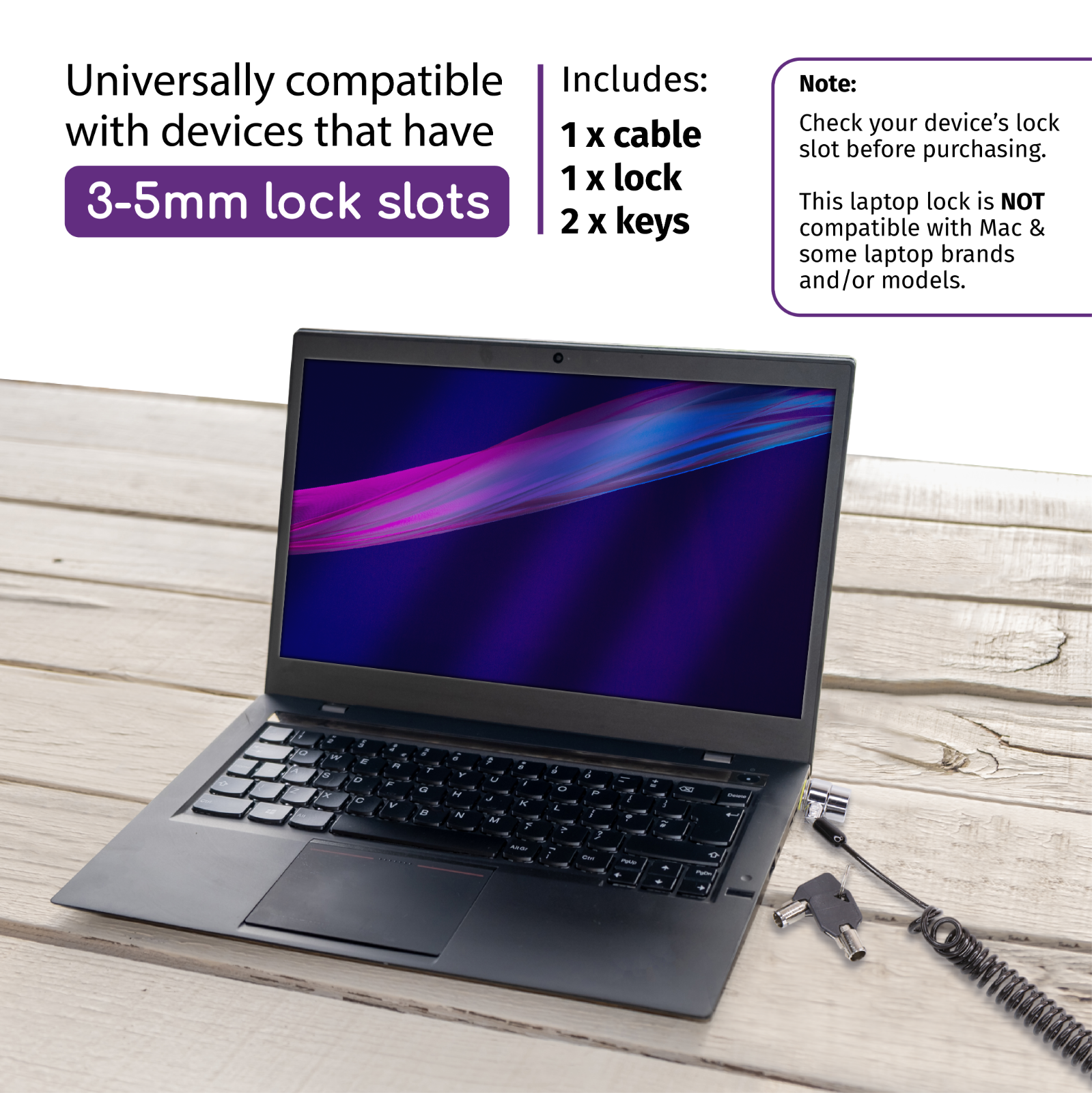 Laptop Security T-Bar Lock and 12 to 39 Inch Coiled Metal Cable with 2 Keys