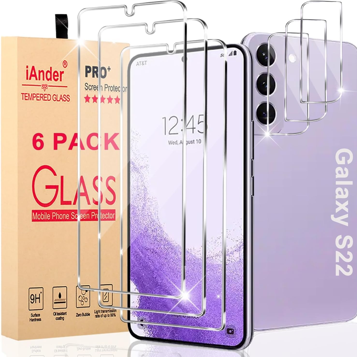 3 Pack Galaxy S22 Tempered Glass Screen & Lens Protectors – Easy Install & HD...