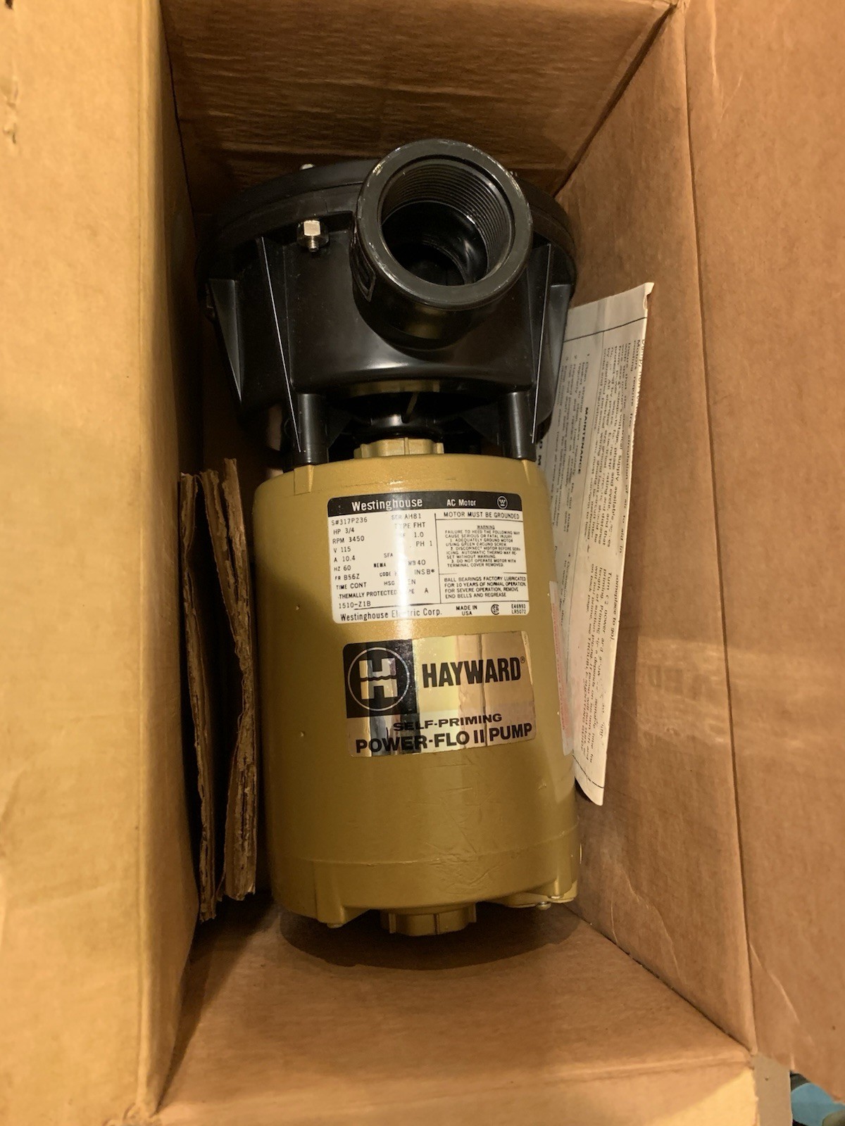 Hayward Power Flow series S#317P236 3/4hp 3450 rpm Hi Performance self priming