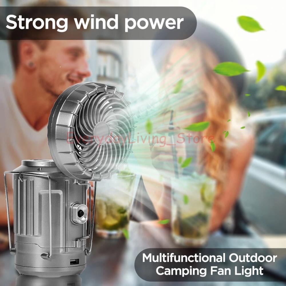 Solar Portable LED Camping Lantern with Fan USB Rechargeable Flashlight Lamp US