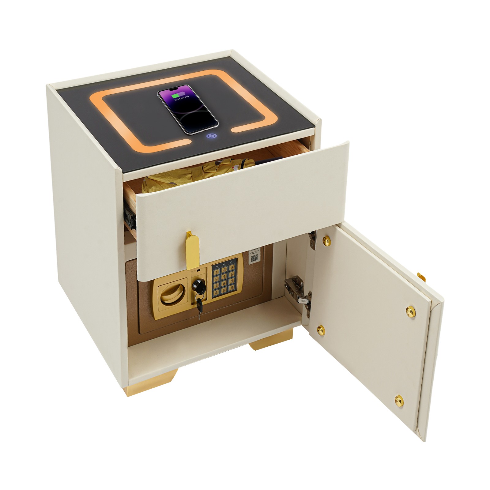 White Wireless Charging Bedside Cabinet w/Lock Bluetooth Speaker Bedside Table