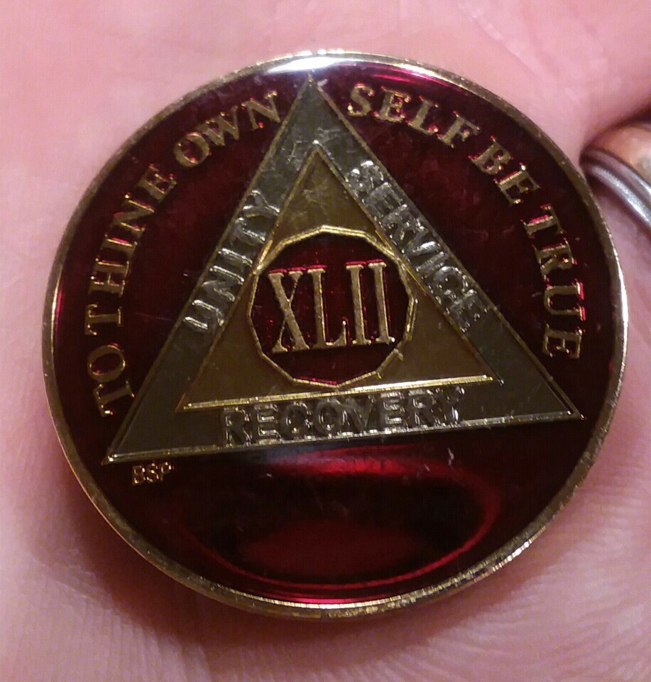 42 Year AA Sobriety Coin Medallion- Rich Mandarin Red Enamel 42nd Year XLII