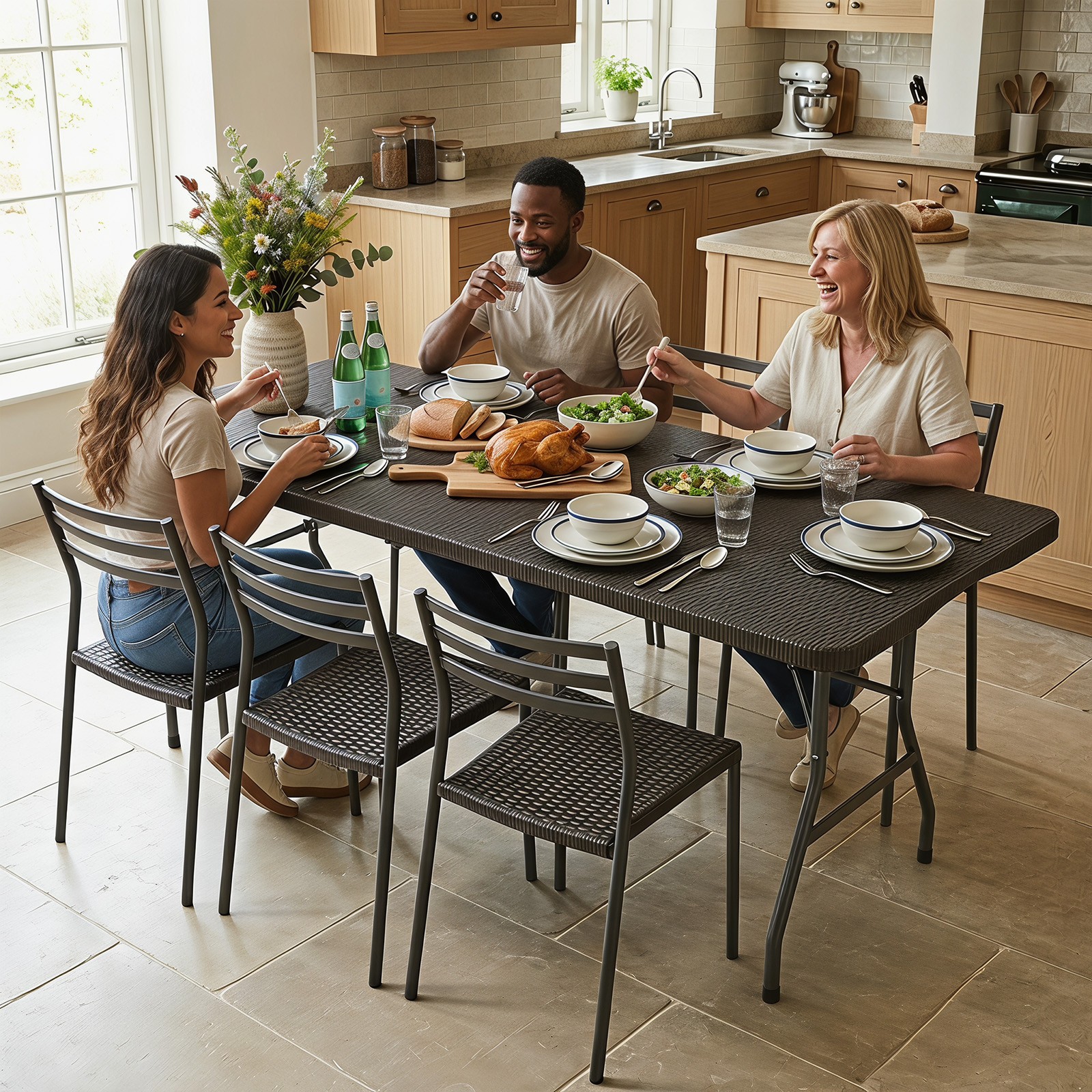 Indoor Outdoor Portable Utility Table with Metal Legs Rattan-like Tabletop