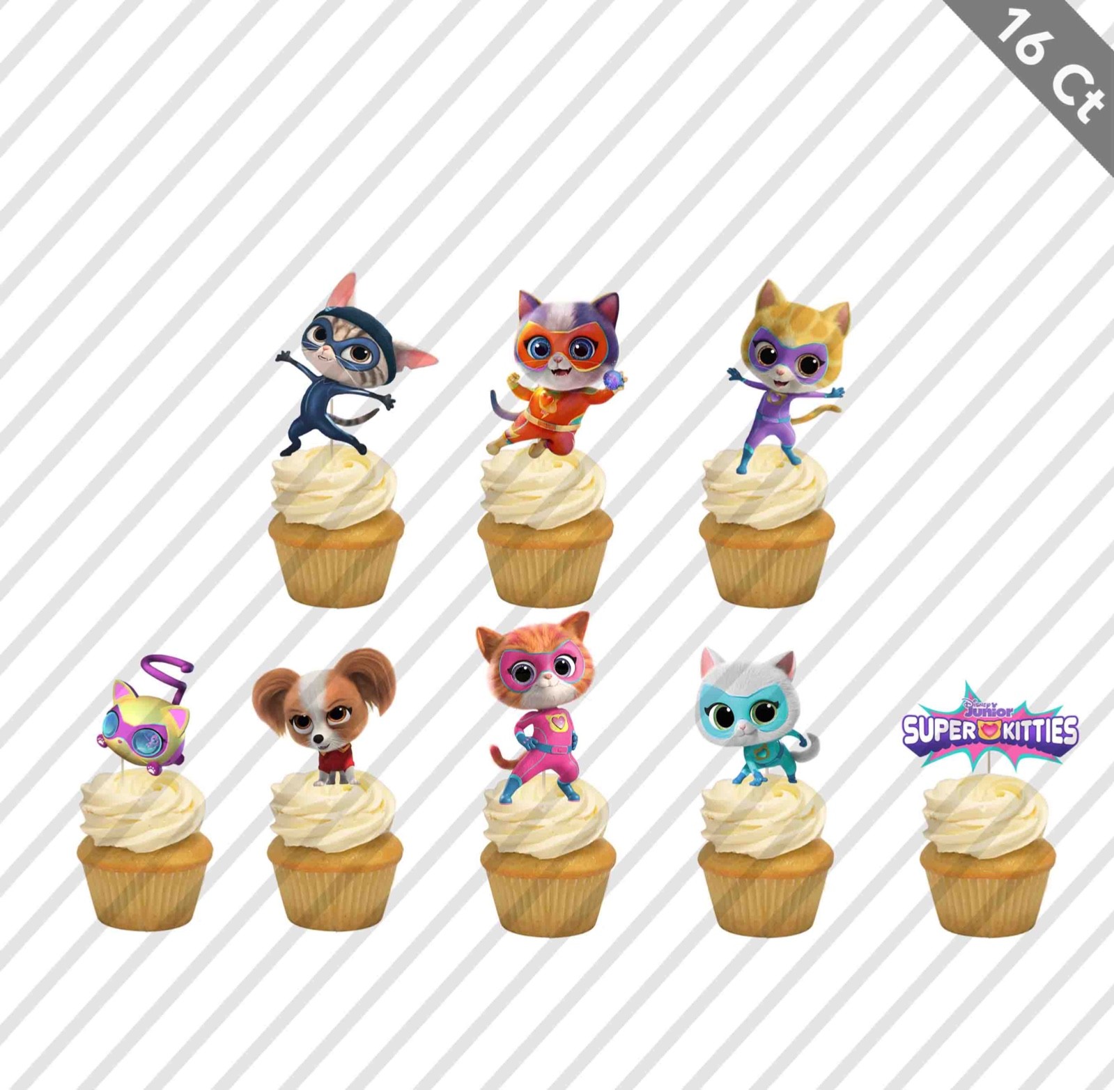 16 Superkitties Cupcake Topper Pick Favor Party Birthday Super Cat Kittens Hero