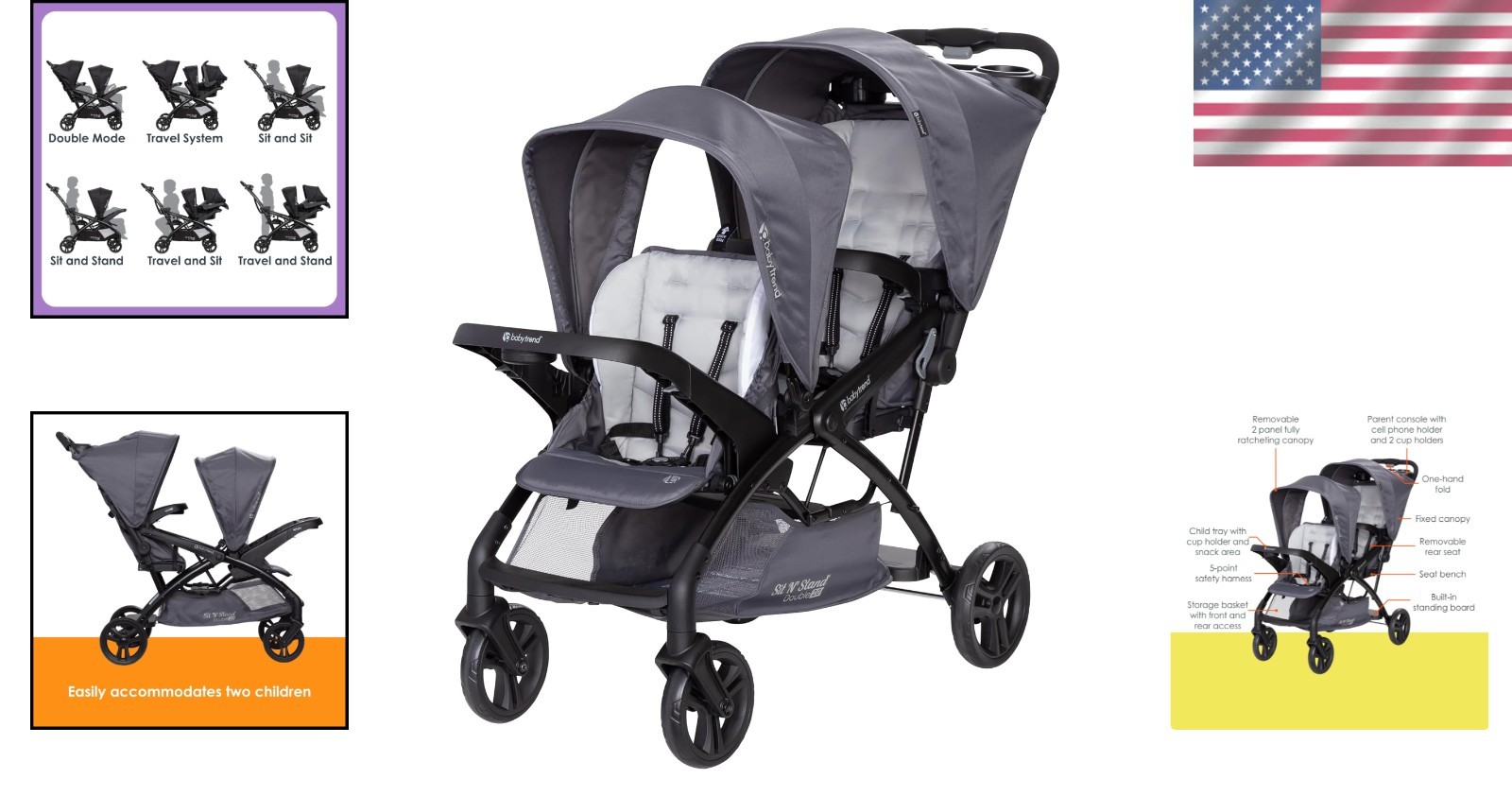 Sit N Stand Double Stroller Dash Grey Foldable Lightweight Travel Friendly