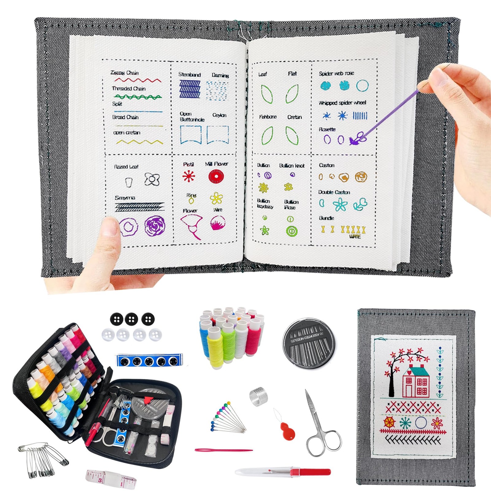 Enboist Embroidery Stitch Book Kit, DIY 4 inches x 5.5 inches, 18 colors