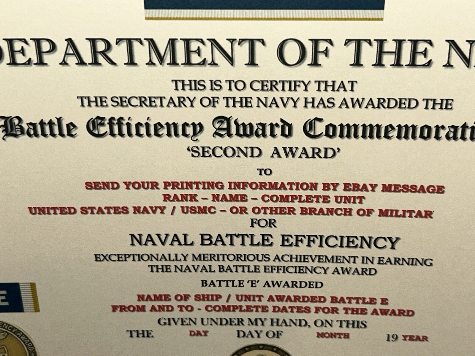 NAVY BATTLE E CITATION~2ND AWARD COMMEMORATIVE CERTIFICATE ~ TYPE-2 / W/PRINTING