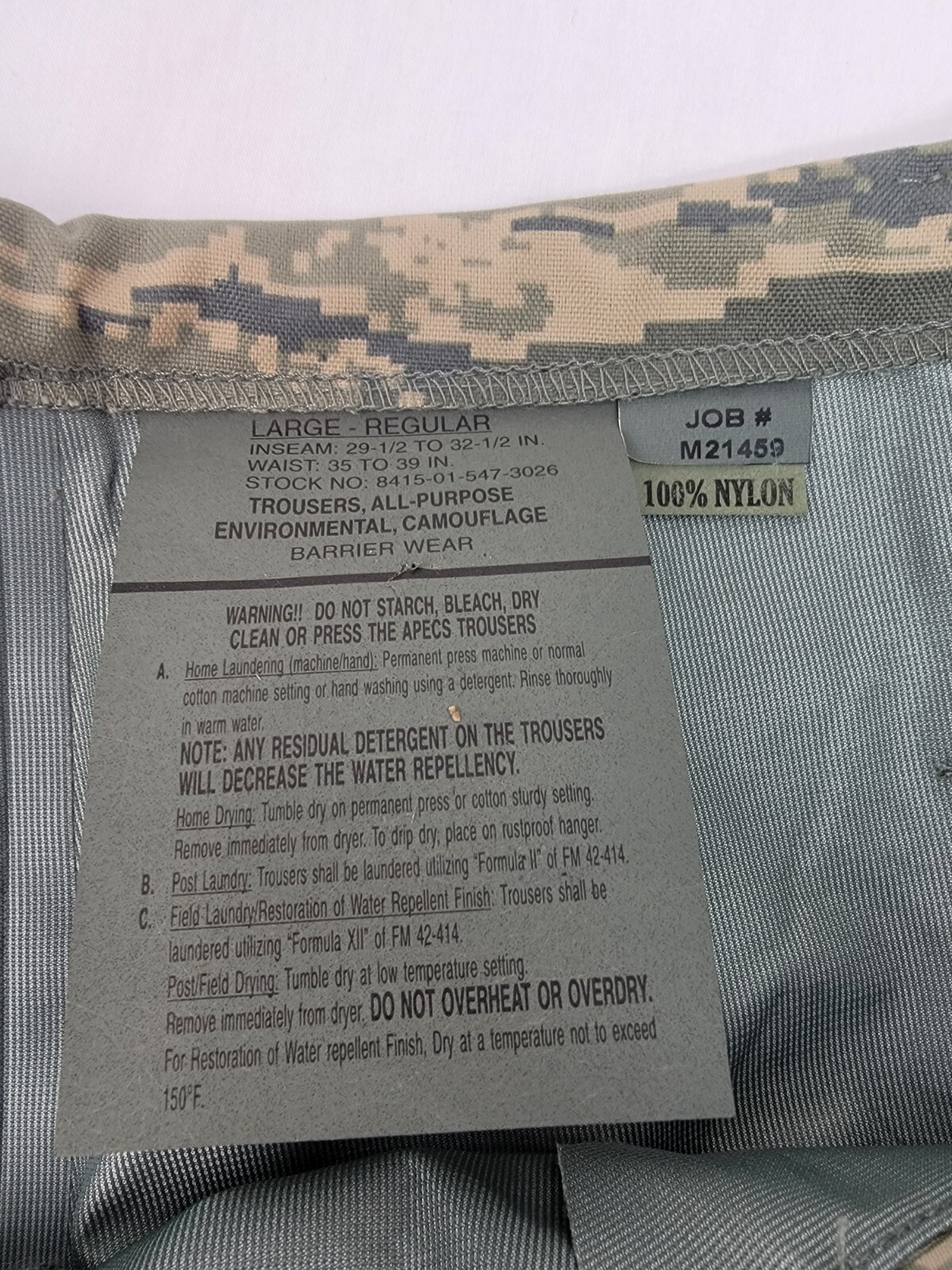 US Military Gor-Tex Environmental Barrier Wear Camo Trousers Size Large-Reg