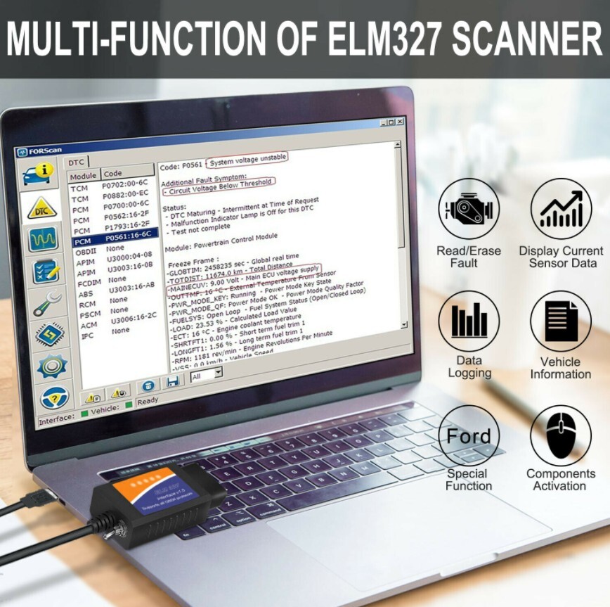 OBD2 Scanner ELM327 Software USB Diagnostic Tool Cable Adapter for Ford FORscan