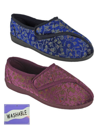 Ladies Womens Wide HOOK Touch Fastening Washable  Slippers Washable Care Home