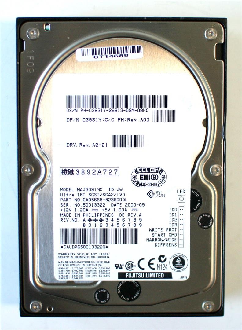 Hdd dell 9gb scsi, fujitsu maj3091mc p/n:ca05668-b23600dl