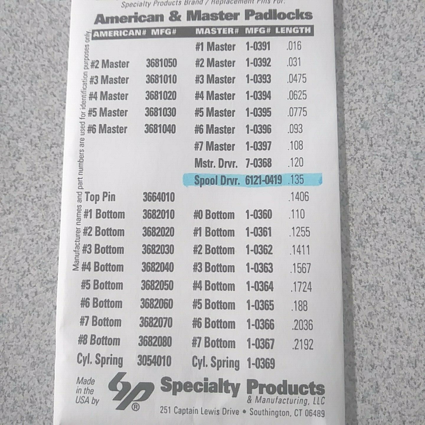 American and Master Padlock Security Spool Driver Top Pins 6121-0419 100 PACK