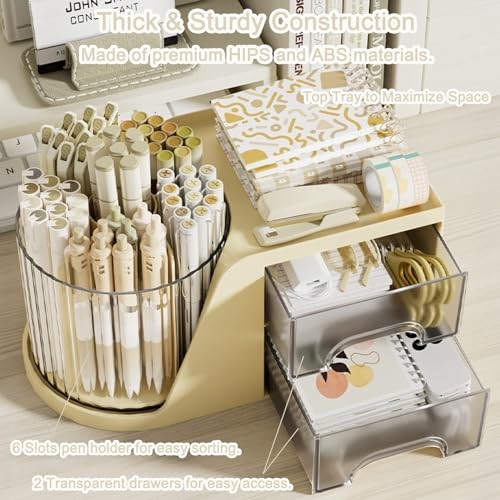 Rotating Desk Organizer with 2 Drawer, 6 Slots Multi-Functional Pencil Beige