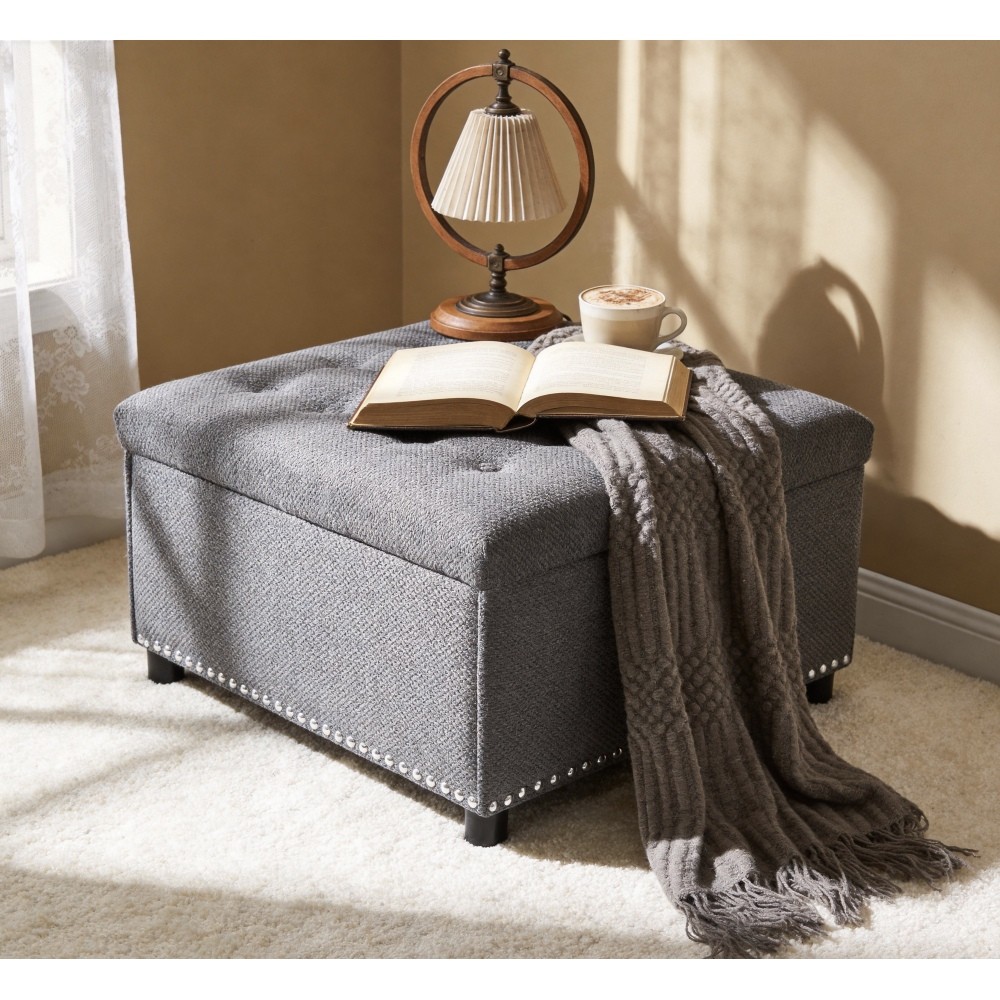 Storage Ottoman, Tufted Footstool, Nailhead Trim Ottoman, Square Storage Ottoman