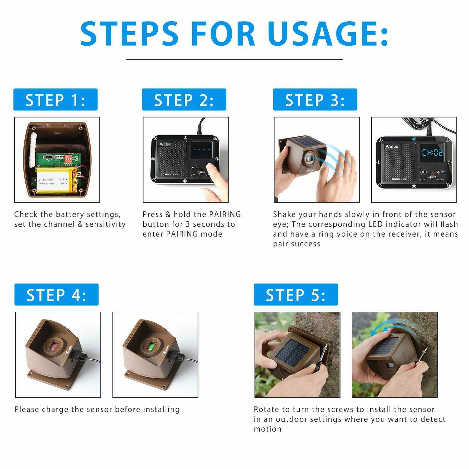 Wuloo Wireless Driveway Alert 500m Long Range Detectors 1 Sensor 1 Receiver Kit