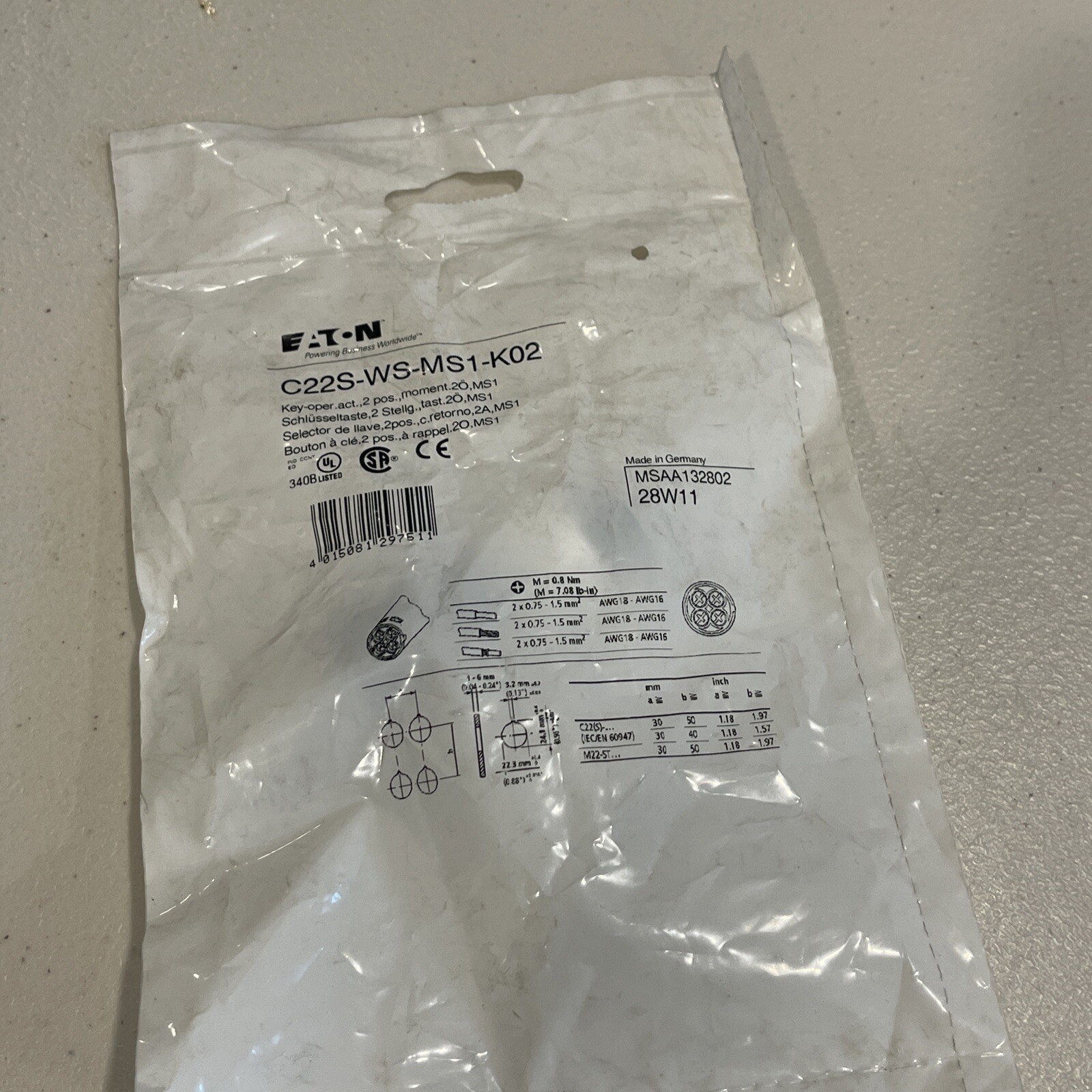 New Eaton C22S-WS-MS1-K02 Selector Switch. Momentary ON