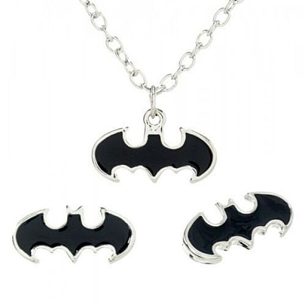 DC Comics Batman Black and Silver Bat Logo Necklace and Earring Set NEW UNUSED