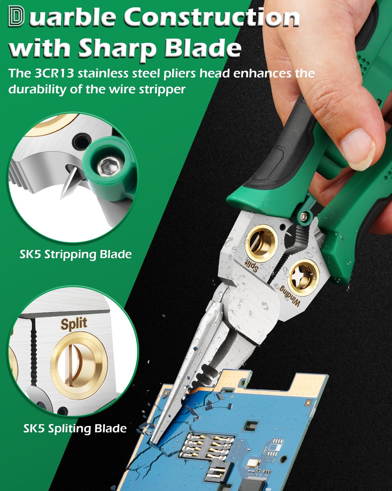8-in-1 Wire Stripper Voltage Tester Electrical Cable Stripping Plier Green