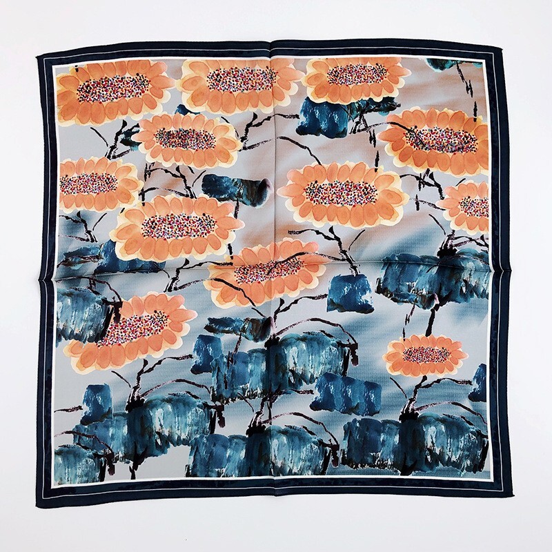 100% Mulberry Silk 20" Square Scarf Women Neckerchief Bandana Lotus Oil Painting