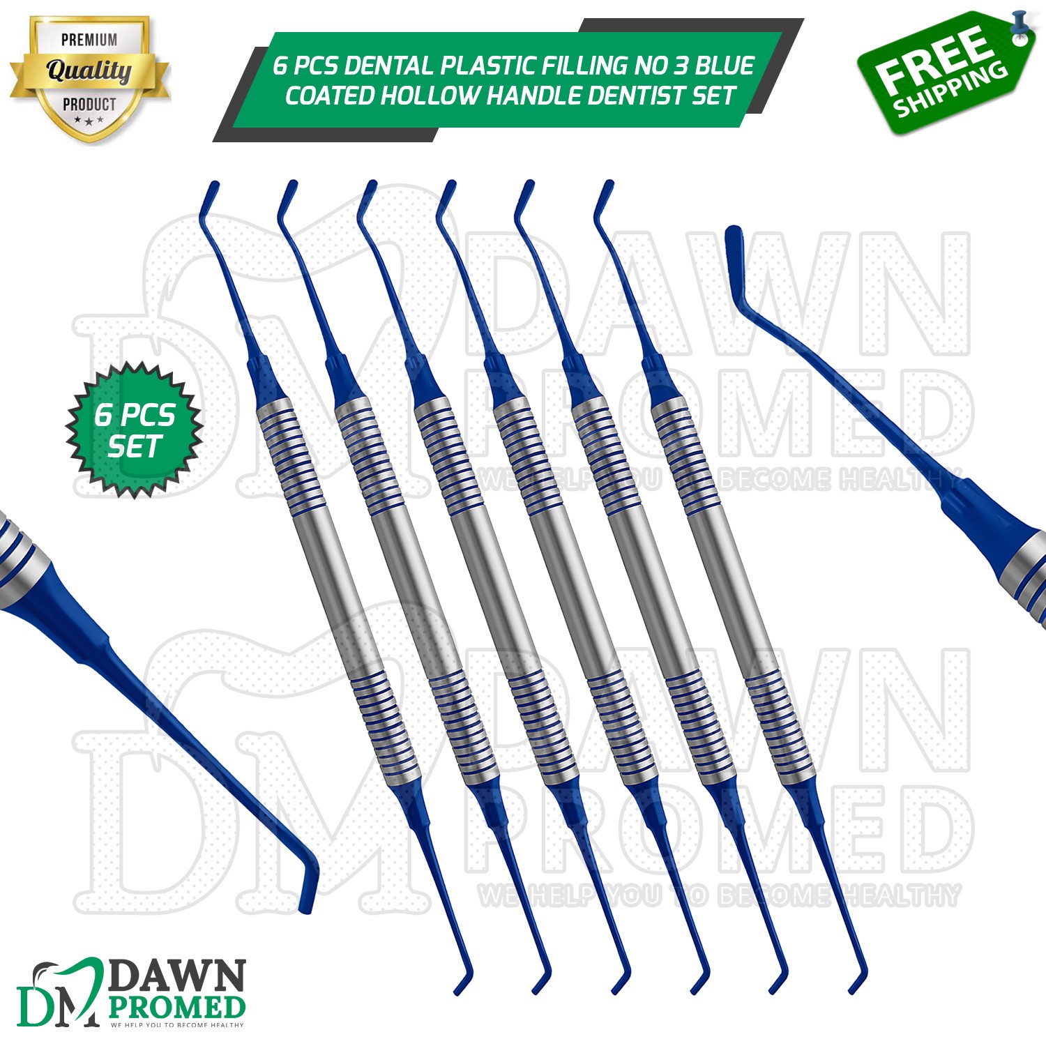 6 Pcs Dental Plastic Filling No 3 Blue Coated Hollow Handle Dentist Instruments