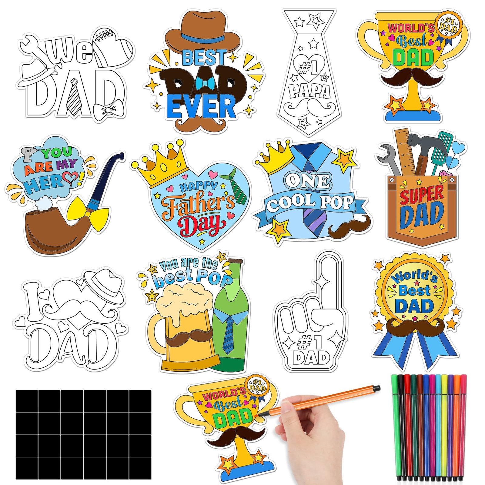 24 PCS Fathers Day Crafts Fridge Magnet Kit, Color Your Own Fatherâ€˜s Day Fr...