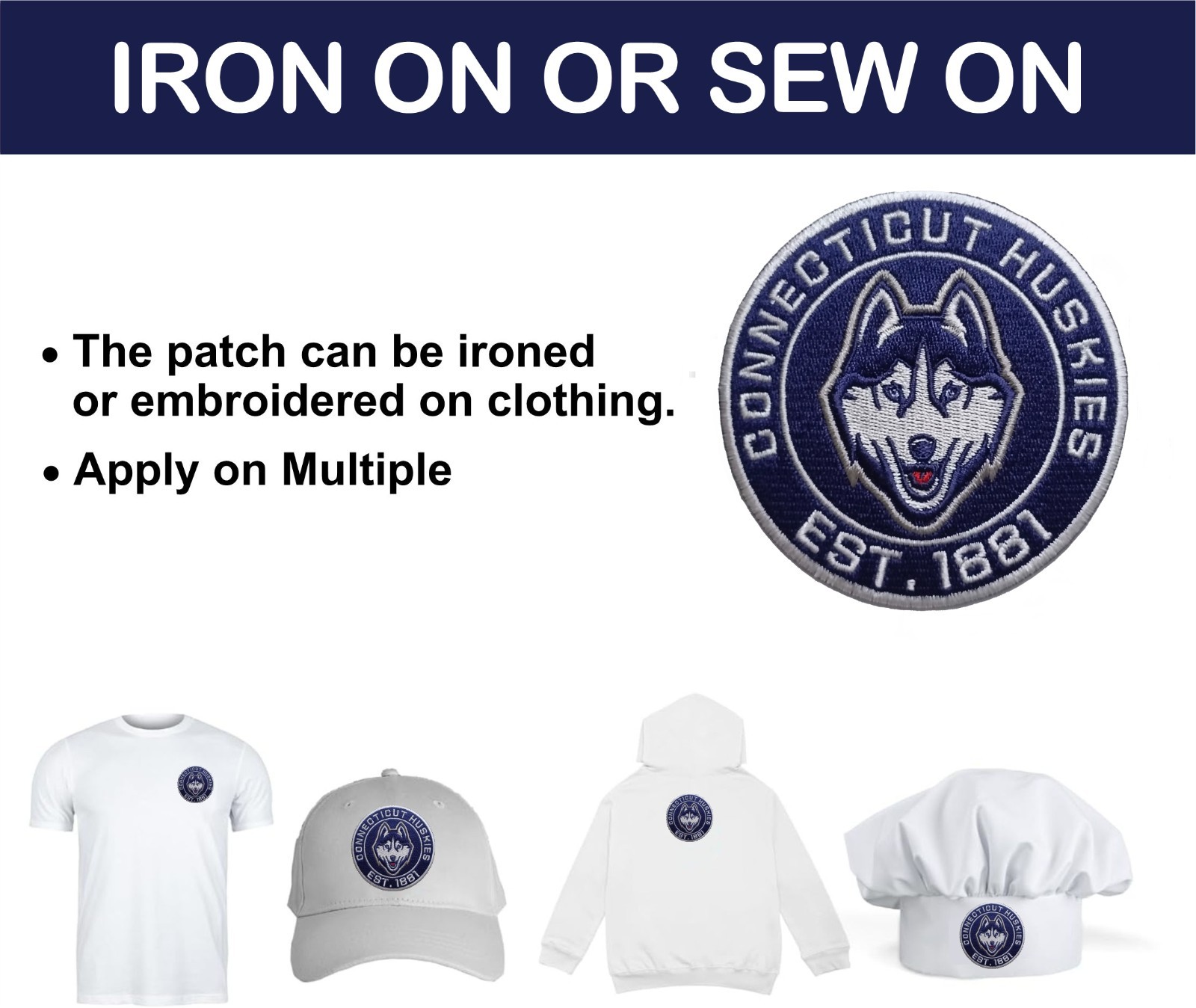 Connecticut Huskies NCAA Team Logo Iron On Patch - Sew Patch - Embroidered Patch