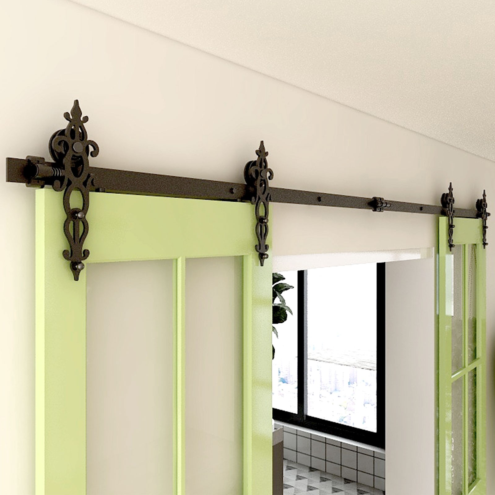 CCJH 4-16FT Vintage Carved Barn Door Hardware Kit for Double Doors Black Track