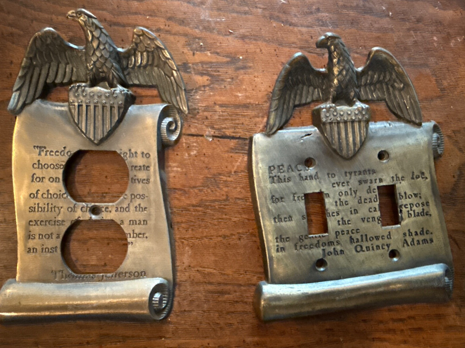 Vintage Pair MC Co 1967 Wall Switch and Plug Bronze Type Patriotic Plates